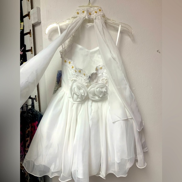Sz 6 White Gold Halter Neck Beaded Pageant FlowerGirl Special Occasion Dress NWT - Picture 5 of 7